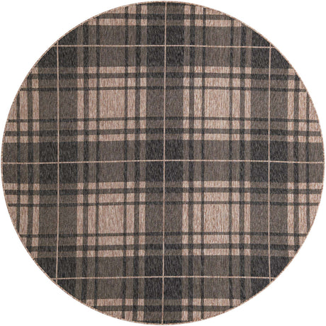 Black and Brown 7' 10 x 7' 10 Outdoor Checkered Round Area Rug Weather Resistant for Patio, Deck, Terrace, Balcony, Porch 100% Polypropylene Geometric Carpet for Sale at Rug Engine