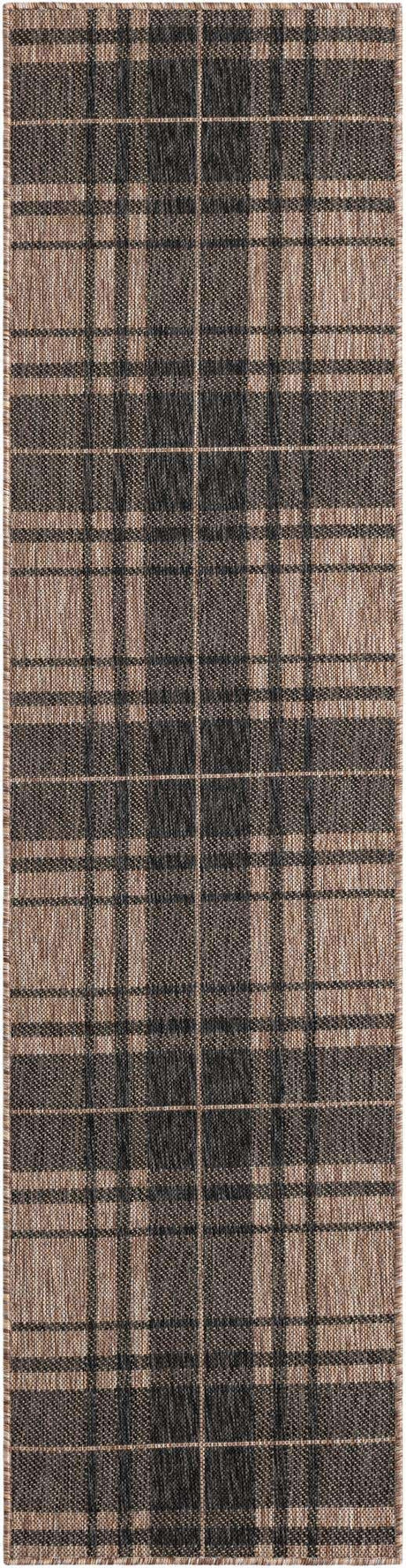 Black and Brown 2' x 8' Outdoor Checkered Runner Area Rug Weather Resistant for Patio, Deck, Terrace, Balcony, Porch 100% Polypropylene Geometric Carpet for Sale at Rug Engine