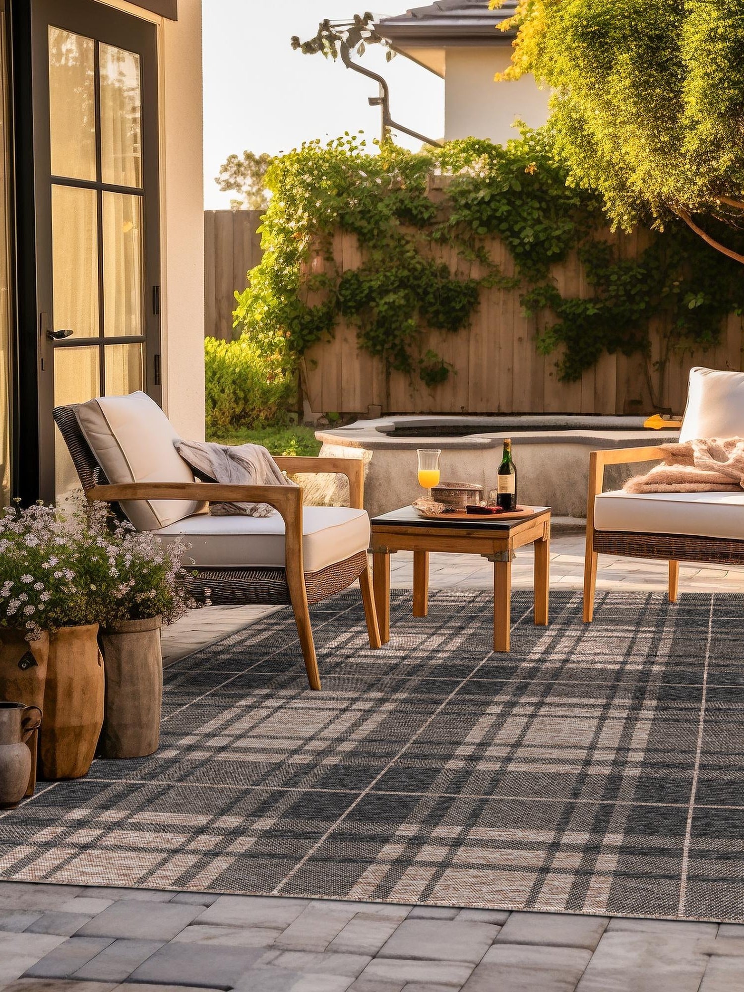 Black and Brown 7' 10 x 7' 10 Outdoor Checkered Square Area Rug Weather Resistant for Patio, Deck, Terrace, Balcony, Porch 100% Polypropylene Geometric Carpet for Sale at Rug Engine