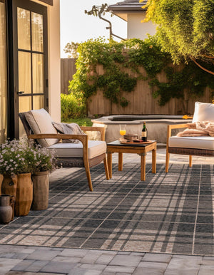 Black and Brown 7' 10 x 7' 10 Outdoor Checkered Square Area Rug Weather Resistant for Patio, Deck, Terrace, Balcony, Porch 100% Polypropylene Geometric Carpet for Sale at Rug Engine