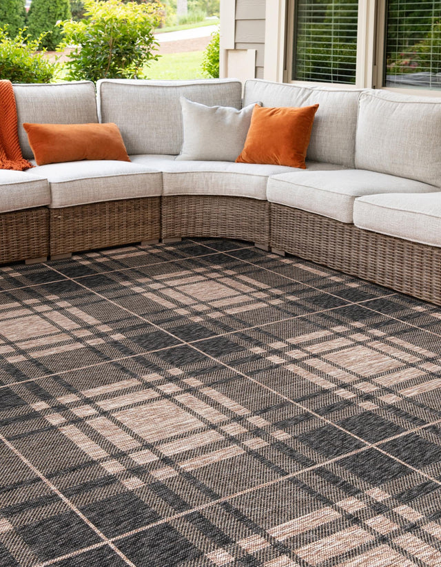 Black and Brown 7' 10 x 7' 10 Outdoor Checkered Square Area Rug Weather Resistant for Patio, Deck, Terrace, Balcony, Porch 100% Polypropylene Geometric Carpet for Sale at Rug Engine