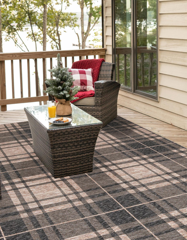 Black and Brown 10' x 10' Outdoor Checkered Square Rug