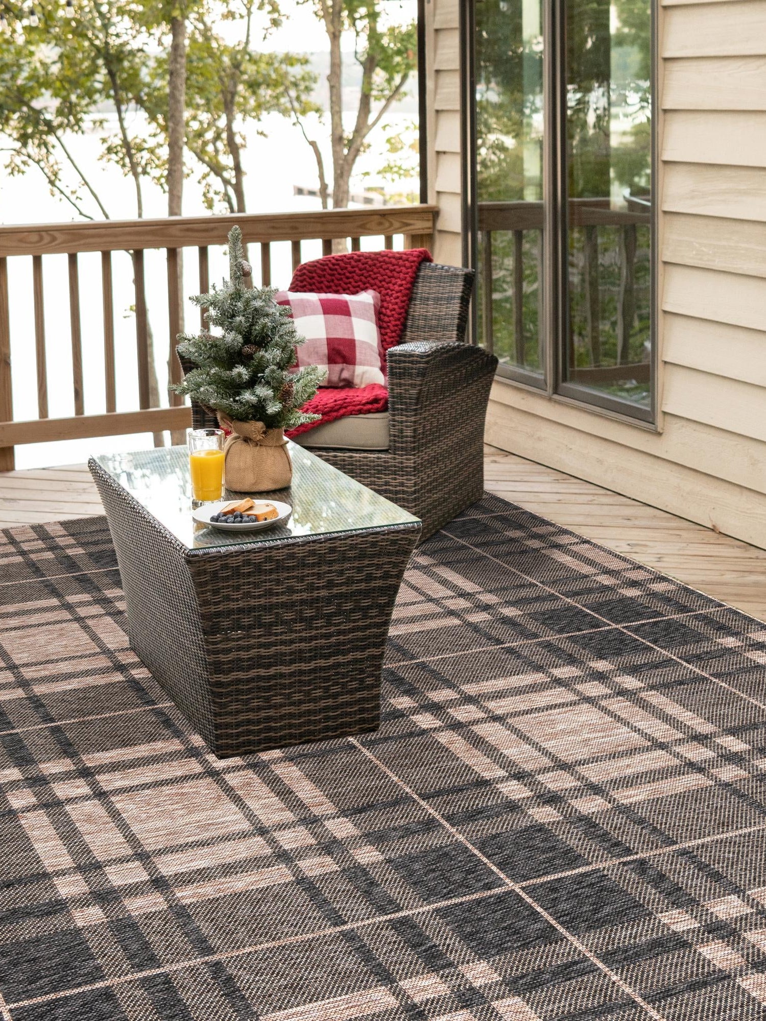 Black and Brown 7' 10 x 7' 10 Outdoor Checkered Square Area Rug Weather Resistant for Patio, Deck, Terrace, Balcony, Porch 100% Polypropylene Geometric Carpet for Sale at Rug Engine