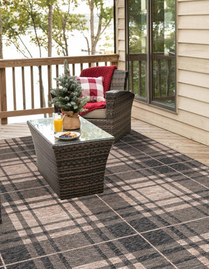 Black and Brown 7' 10 x 7' 10 Outdoor Checkered Square Area Rug Weather Resistant for Patio, Deck, Terrace, Balcony, Porch 100% Polypropylene Geometric Carpet for Sale at Rug Engine