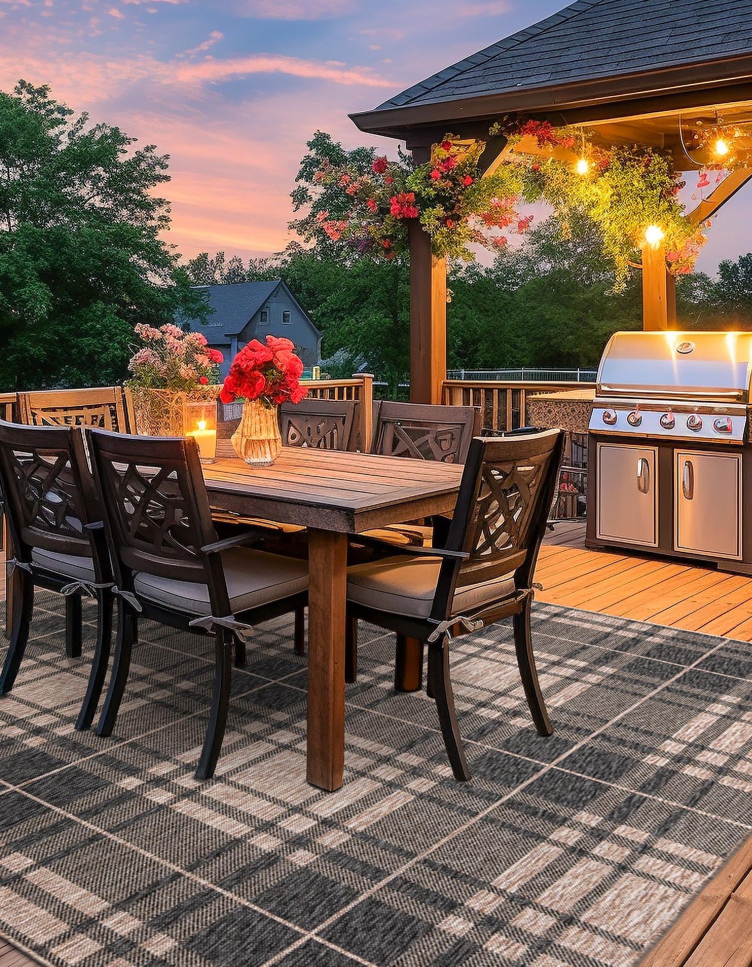 Black and Brown 7' 10 x 7' 10 Outdoor Checkered Square Area Rug Weather Resistant for Patio, Deck, Terrace, Balcony, Porch 100% Polypropylene Geometric Carpet for Sale at Rug Engine