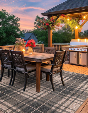 Black and Brown 7' 10 x 7' 10 Outdoor Checkered Square Area Rug Weather Resistant for Patio, Deck, Terrace, Balcony, Porch 100% Polypropylene Geometric Carpet for Sale at Rug Engine