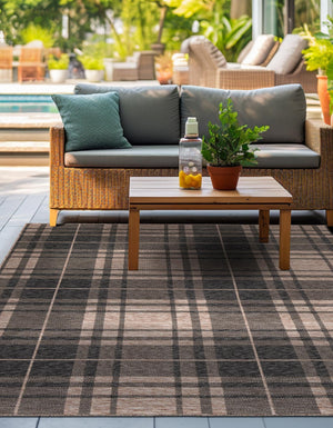 Black and Brown 7' 10 x 7' 10 Outdoor Checkered Square Area Rug Weather Resistant for Patio, Deck, Terrace, Balcony, Porch 100% Polypropylene Geometric Carpet for Sale at Rug Engine