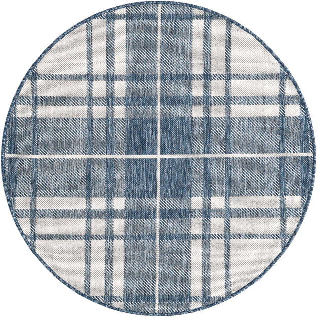 Blue 3' 1 x 3' 1 Outdoor Checkered Round Area Rug Weather Resistant for Patio, Deck, Terrace, Balcony, Porch 100% Polypropylene Geometric Carpet for Sale at Rug Engine