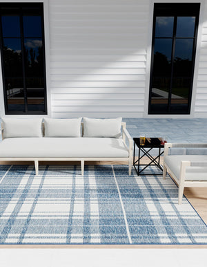 Blue 7' 10 x 10' Outdoor Checkered Rectangle Area Rug Weather Resistant for Patio, Deck, Terrace, Balcony, Porch 100% Polypropylene Geometric Carpet for Sale at Rug Engine