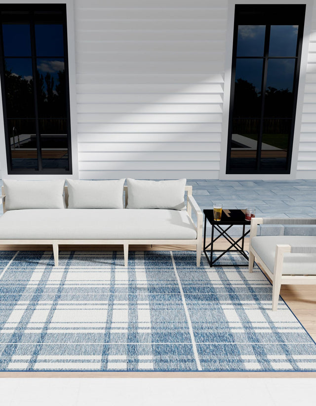 Blue 5' 3 x 7' 1 Outdoor Checkered Rectangle Area Rug Weather Resistant for Patio, Deck, Terrace, Balcony, Porch 100% Polypropylene Geometric Carpet for Sale at Rug Engine