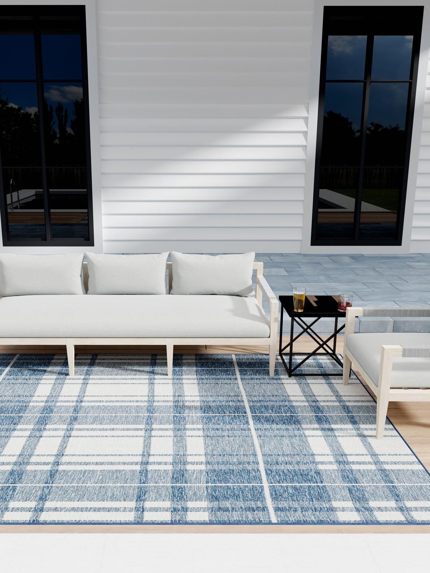 Blue 9' x 12' Outdoor Checkered Rectangle Area Rug Weather Resistant for Patio, Deck, Terrace, Balcony, Porch 100% Polypropylene Geometric Carpet for Sale at Rug Engine