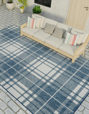 Blue 5' 3 x 8' Outdoor Checkered Rectangle Area Rug Weather Resistant for Patio, Deck, Terrace, Balcony, Porch 100% Polypropylene Geometric Carpet for Sale at Rug Engine