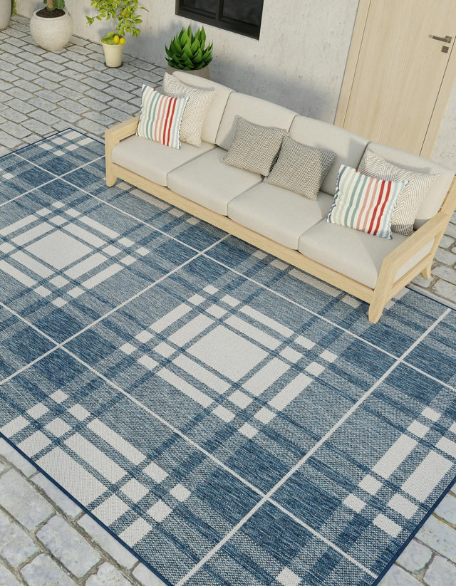 Blue 4' 1 x 6' 1 Outdoor Checkered Rectangle Area Rug Weather Resistant for Patio, Deck, Terrace, Balcony, Porch 100% Polypropylene Geometric Carpet for Sale at Rug Engine