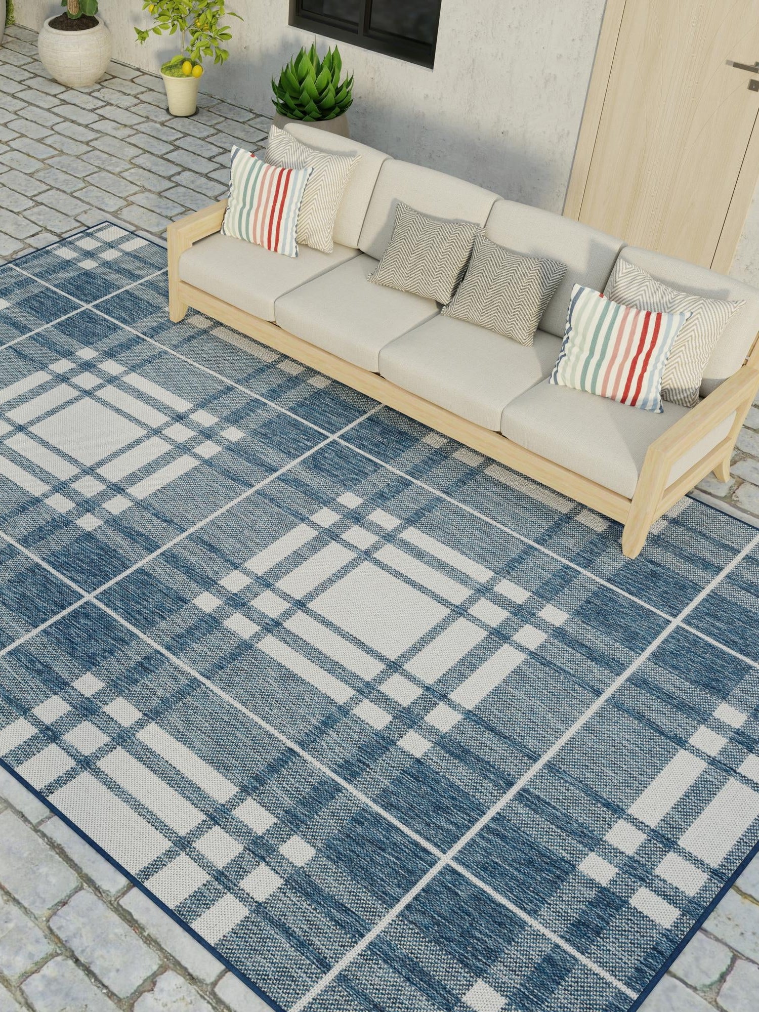 Blue 6' 1 x 9' Outdoor Checkered Rectangle Area Rug Weather Resistant for Patio, Deck, Terrace, Balcony, Porch 100% Polypropylene Geometric Carpet for Sale at Rug Engine