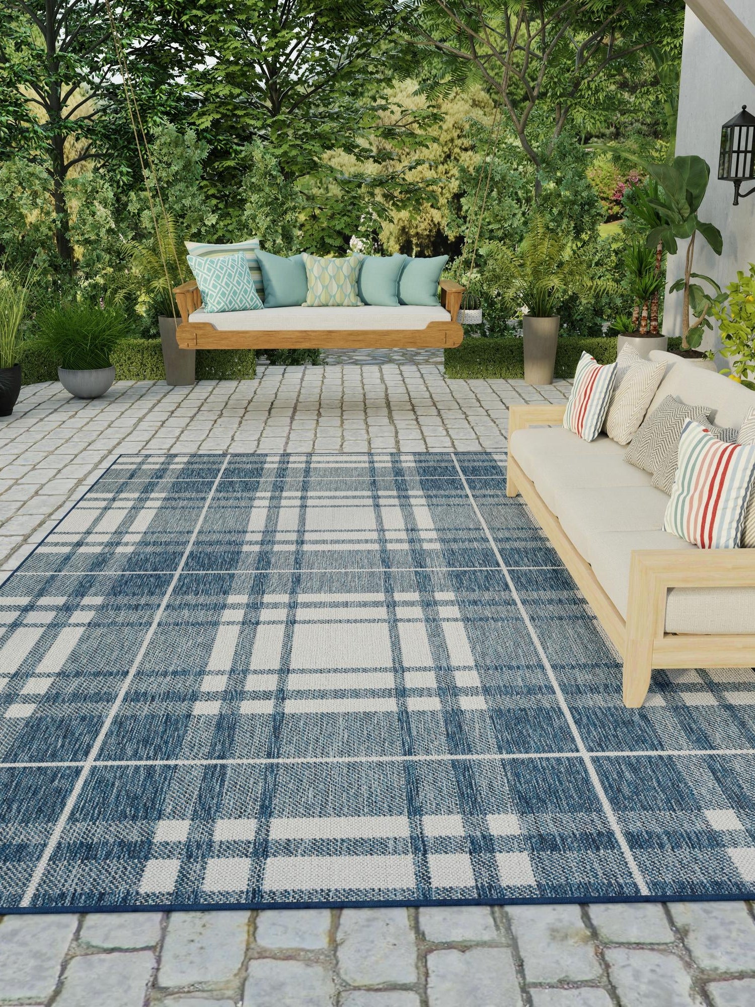 Blue 9' x 12' Outdoor Checkered Rectangle Area Rug Weather Resistant for Patio, Deck, Terrace, Balcony, Porch 100% Polypropylene Geometric Carpet for Sale at Rug Engine