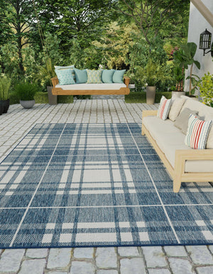 Blue 5' 3 x 7' 1 Outdoor Checkered Rectangle Area Rug Weather Resistant for Patio, Deck, Terrace, Balcony, Porch 100% Polypropylene Geometric Carpet for Sale at Rug Engine