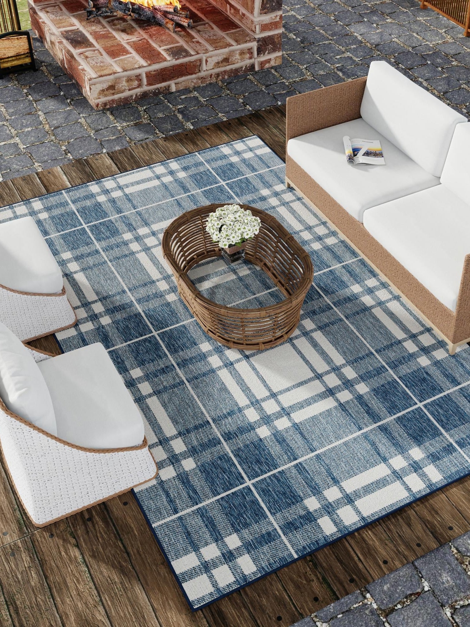 Blue 4' 1 x 6' 1 Outdoor Checkered Rectangle Area Rug Weather Resistant for Patio, Deck, Terrace, Balcony, Porch 100% Polypropylene Geometric Carpet for Sale at Rug Engine
