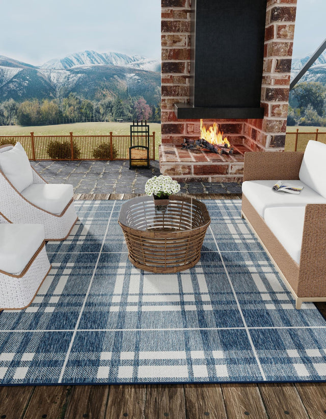 Blue 6' 1 x 9' Outdoor Checkered Rectangle Area Rug Weather Resistant for Patio, Deck, Terrace, Balcony, Porch 100% Polypropylene Geometric Carpet for Sale at Rug Engine