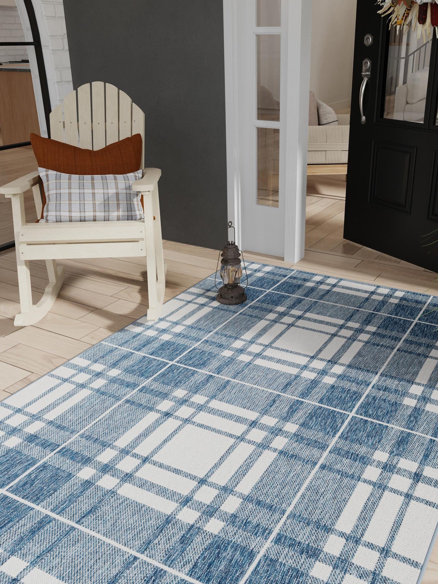 Blue 4' 1 x 6' 1 Outdoor Checkered Rectangle Area Rug Weather Resistant for Patio, Deck, Terrace, Balcony, Porch 100% Polypropylene Geometric Carpet for Sale at Rug Engine