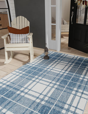 Blue 4' 1 x 6' 1 Outdoor Checkered Rectangle Area Rug Weather Resistant for Patio, Deck, Terrace, Balcony, Porch 100% Polypropylene Geometric Carpet for Sale at Rug Engine