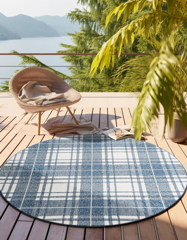 Blue 6' 1 x 6' 1 Outdoor Checkered Round Area Rug Weather Resistant for Patio, Deck, Terrace, Balcony, Porch 100% Polypropylene Geometric Carpet for Sale at Rug Engine
