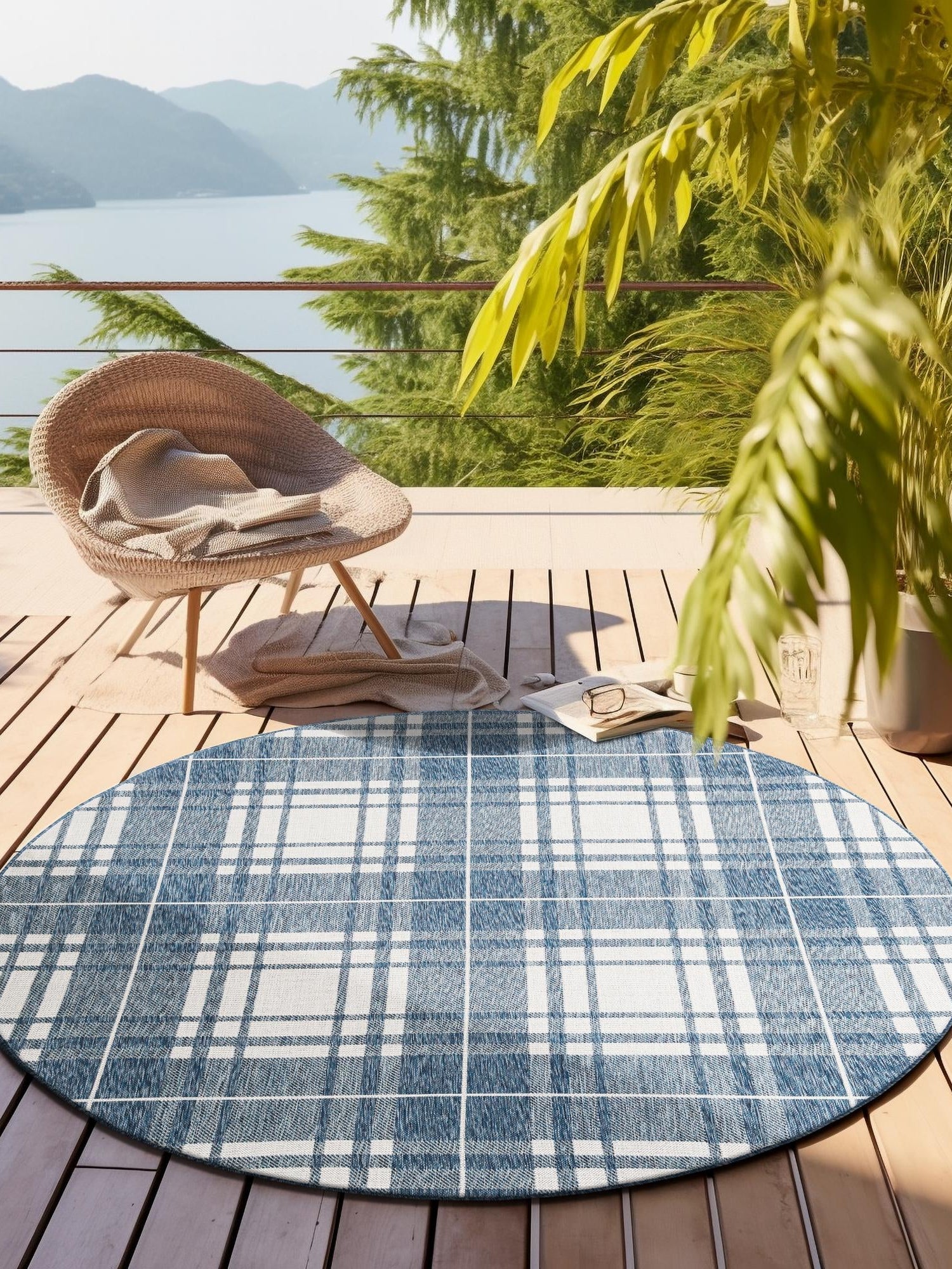 Blue 3' 1 x 3' 1 Outdoor Checkered Round Area Rug Weather Resistant for Patio, Deck, Terrace, Balcony, Porch 100% Polypropylene Geometric Carpet for Sale at Rug Engine