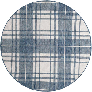 Blue 6' 1 x 6' 1 Outdoor Checkered Round Area Rug Weather Resistant for Patio, Deck, Terrace, Balcony, Porch 100% Polypropylene Geometric Carpet for Sale at Rug Engine