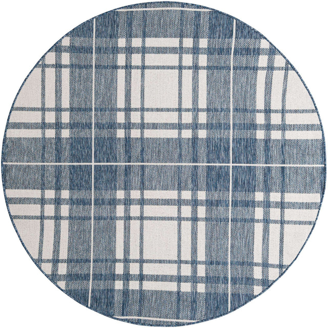 Blue 6' 1 x 6' 1 Outdoor Checkered Round Area Rug Weather Resistant for Patio, Deck, Terrace, Balcony, Porch 100% Polypropylene Geometric Carpet for Sale at Rug Engine