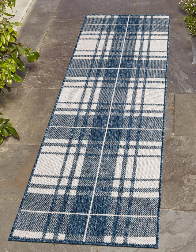 Blue 2' x 6' 1 Outdoor Checkered Runner Area Rug Weather Resistant for Patio, Deck, Terrace, Balcony, Porch 100% Polypropylene Geometric Carpet for Sale at Rug Engine