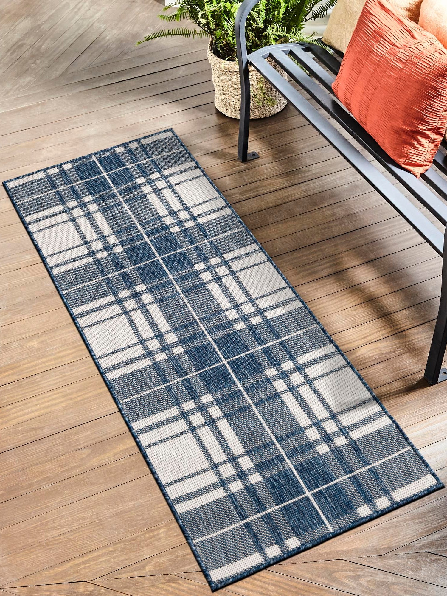 Blue 2' x 8' Outdoor Checkered Runner Area Rug Weather Resistant for Patio, Deck, Terrace, Balcony, Porch 100% Polypropylene Geometric Carpet for Sale at Rug Engine