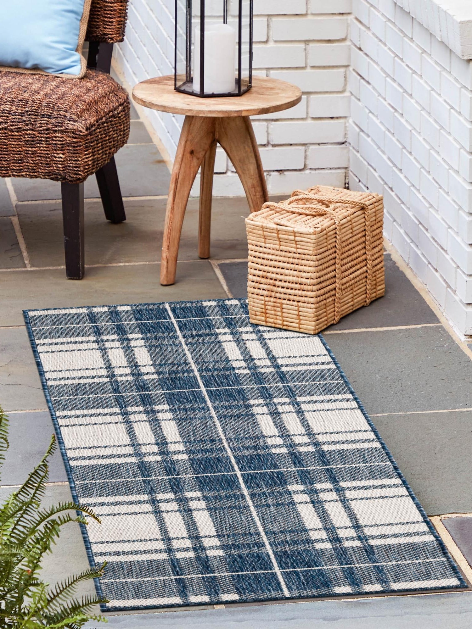 Blue 2' x 5' 3 Outdoor Checkered Runner Area Rug Weather Resistant for Patio, Deck, Terrace, Balcony, Porch 100% Polypropylene Geometric Carpet for Sale at Rug Engine