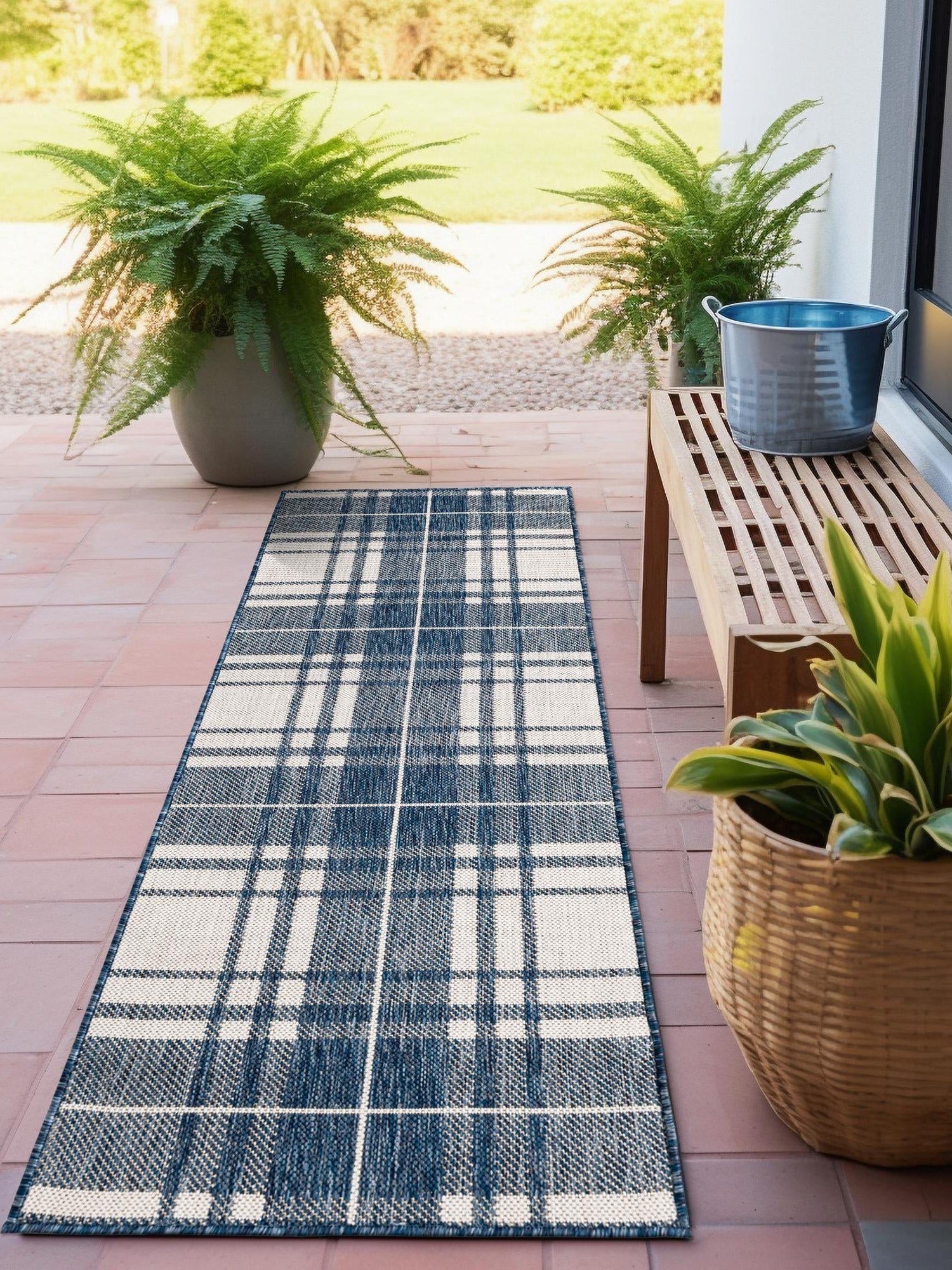Blue 2' x 5' 3 Outdoor Checkered Runner Area Rug Weather Resistant for Patio, Deck, Terrace, Balcony, Porch 100% Polypropylene Geometric Carpet for Sale at Rug Engine