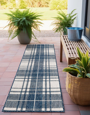 Blue 2' x 6' 1 Outdoor Checkered Runner Area Rug Weather Resistant for Patio, Deck, Terrace, Balcony, Porch 100% Polypropylene Geometric Carpet for Sale at Rug Engine