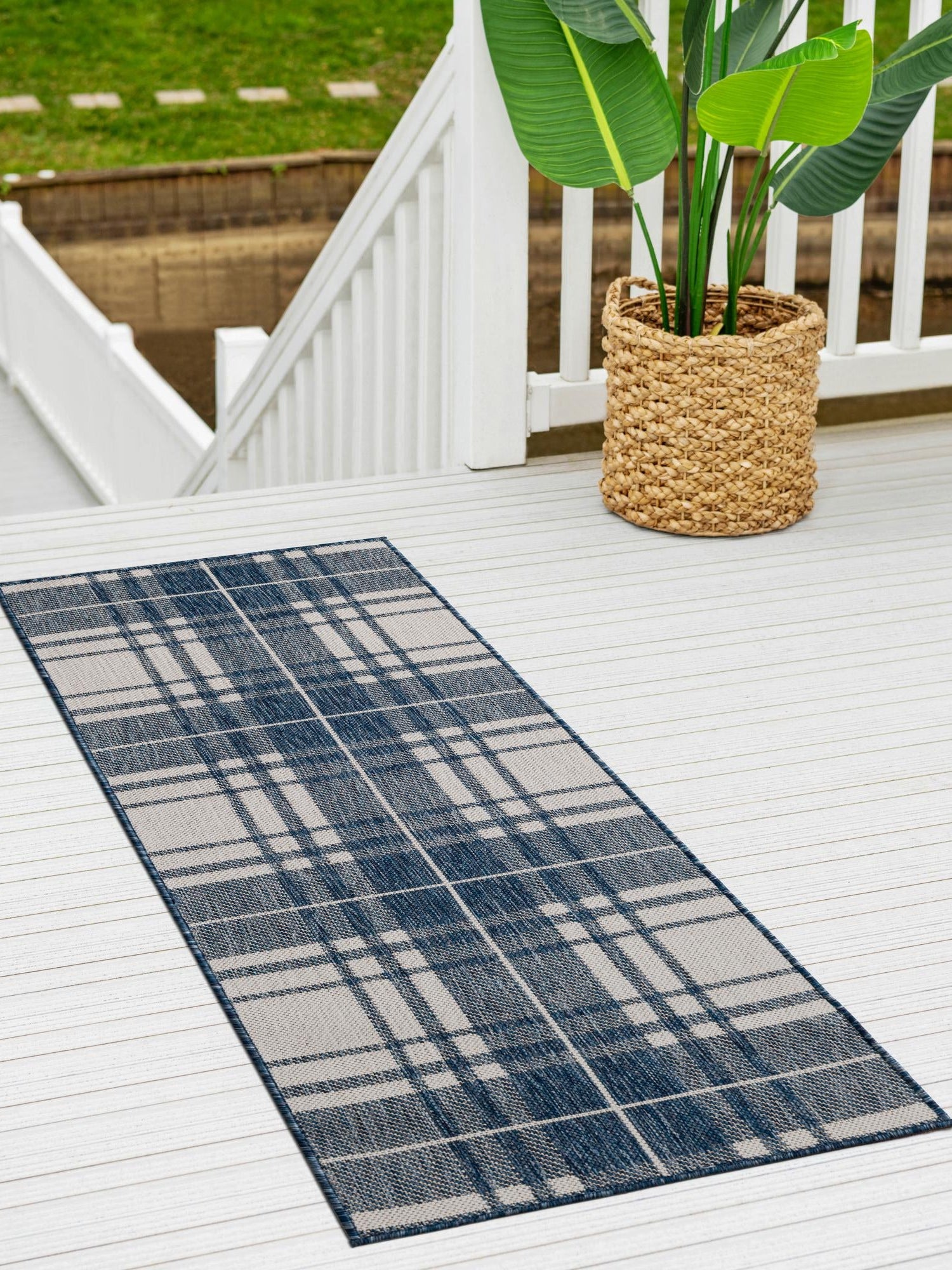 Blue 2' x 8' Outdoor Checkered Runner Area Rug Weather Resistant for Patio, Deck, Terrace, Balcony, Porch 100% Polypropylene Geometric Carpet for Sale at Rug Engine
