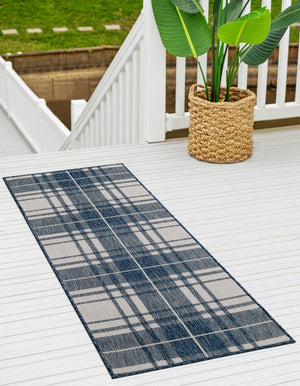 Blue 2' x 6' 1 Outdoor Checkered Runner Area Rug Weather Resistant for Patio, Deck, Terrace, Balcony, Porch 100% Polypropylene Geometric Carpet for Sale at Rug Engine