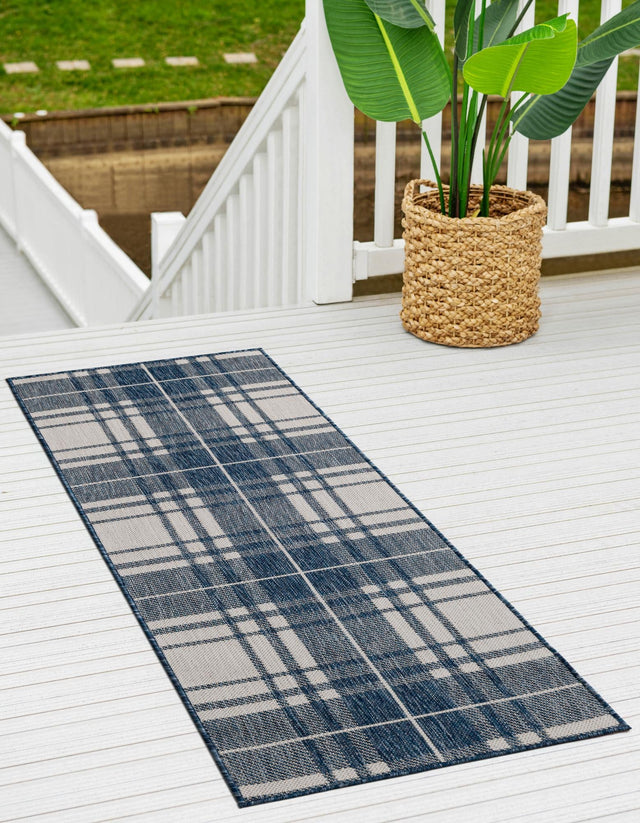 Blue 2' x 5' 3 Outdoor Checkered Runner Area Rug Weather Resistant for Patio, Deck, Terrace, Balcony, Porch 100% Polypropylene Geometric Carpet for Sale at Rug Engine