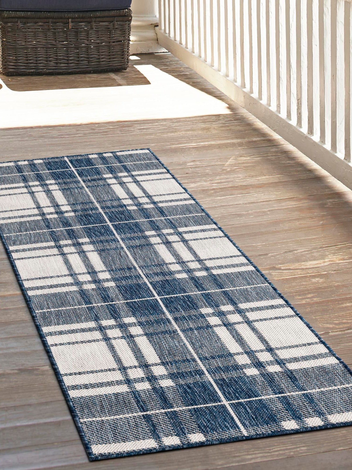 Blue 2' x 8' Outdoor Checkered Runner Area Rug Weather Resistant for Patio, Deck, Terrace, Balcony, Porch 100% Polypropylene Geometric Carpet for Sale at Rug Engine