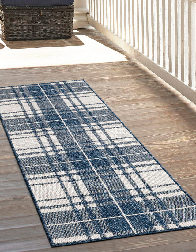 Blue 2' x 8' Outdoor Checkered Runner Area Rug Weather Resistant for Patio, Deck, Terrace, Balcony, Porch 100% Polypropylene Geometric Carpet for Sale at Rug Engine