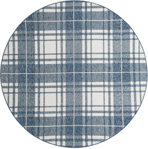 Blue 7' 10 x 7' 10 Outdoor Checkered Round Area Rug Weather Resistant for Patio, Deck, Terrace, Balcony, Porch 100% Polypropylene Geometric Carpet for Sale at Rug Engine