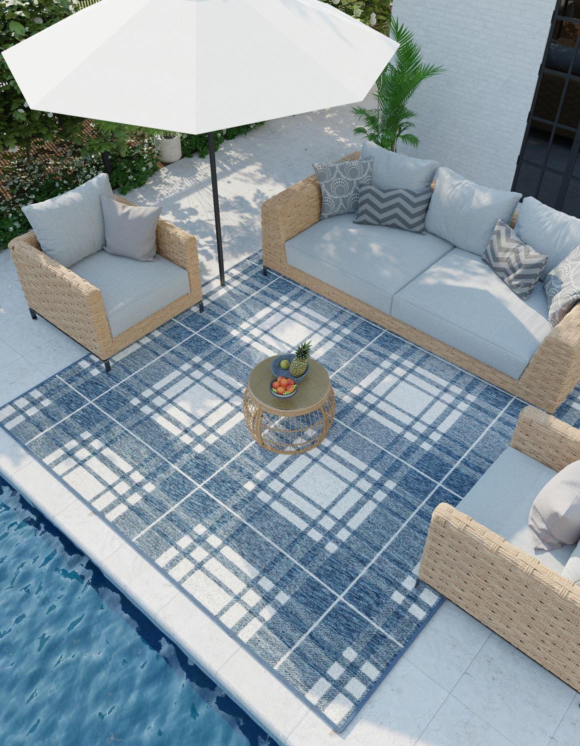 Blue 7' 10 x 7' 10 Outdoor Checkered Square Area Rug Weather Resistant for Patio, Deck, Terrace, Balcony, Porch 100% Polypropylene Geometric Carpet for Sale at Rug Engine