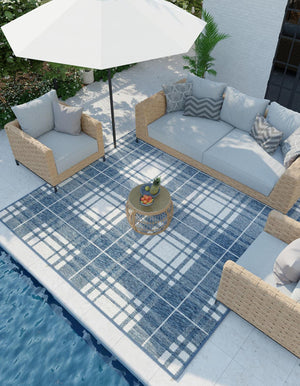 Blue 7' 10 x 7' 10 Outdoor Checkered Square Area Rug Weather Resistant for Patio, Deck, Terrace, Balcony, Porch 100% Polypropylene Geometric Carpet for Sale at Rug Engine