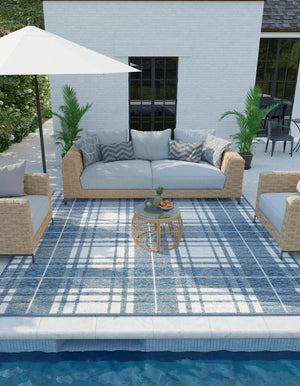 Blue 7' 10 x 7' 10 Outdoor Checkered Square Area Rug Weather Resistant for Patio, Deck, Terrace, Balcony, Porch 100% Polypropylene Geometric Carpet for Sale at Rug Engine