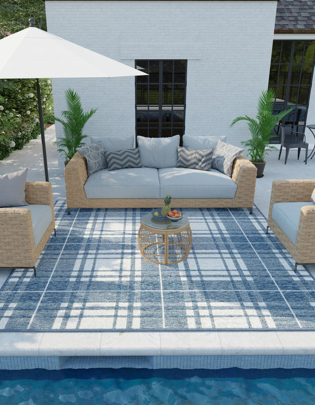 Blue 7' 10 x 7' 10 Outdoor Checkered Square Area Rug Weather Resistant for Patio, Deck, Terrace, Balcony, Porch 100% Polypropylene Geometric Carpet for Sale at Rug Engine