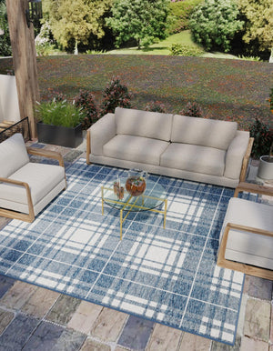 Blue 7' 10 x 7' 10 Outdoor Checkered Square Area Rug Weather Resistant for Patio, Deck, Terrace, Balcony, Porch 100% Polypropylene Geometric Carpet for Sale at Rug Engine