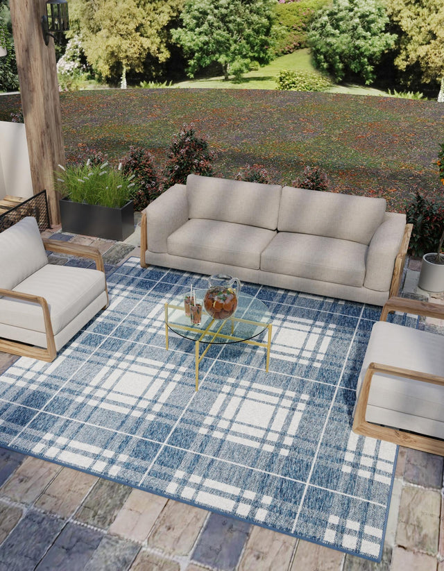 Blue 10' x 10' Outdoor Checkered Square Area Rug Weather Resistant for Patio, Deck, Terrace, Balcony, Porch 100% Polypropylene Geometric Carpet for Sale at Rug Engine