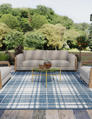 Blue 7' 10 x 7' 10 Outdoor Checkered Square Area Rug Weather Resistant for Patio, Deck, Terrace, Balcony, Porch 100% Polypropylene Geometric Carpet for Sale at Rug Engine