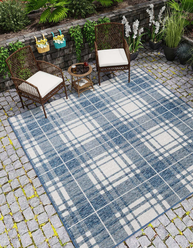 Blue 7' 10 x 7' 10 Outdoor Checkered Square Area Rug Weather Resistant for Patio, Deck, Terrace, Balcony, Porch 100% Polypropylene Geometric Carpet for Sale at Rug Engine
