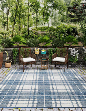 Blue 7' 10 x 7' 10 Outdoor Checkered Square Area Rug Weather Resistant for Patio, Deck, Terrace, Balcony, Porch 100% Polypropylene Geometric Carpet for Sale at Rug Engine