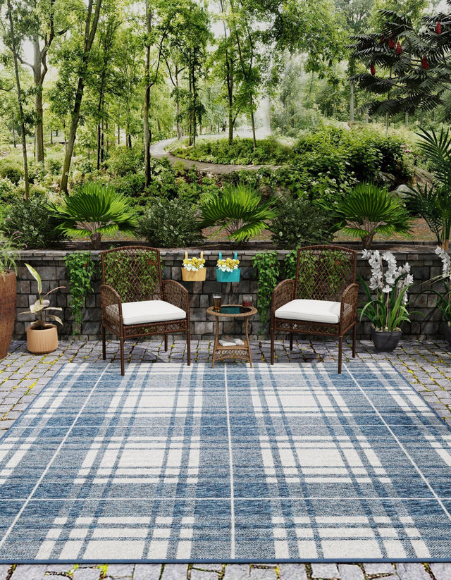 Blue 7' 10 x 7' 10 Outdoor Checkered Square Area Rug Weather Resistant for Patio, Deck, Terrace, Balcony, Porch 100% Polypropylene Geometric Carpet for Sale at Rug Engine