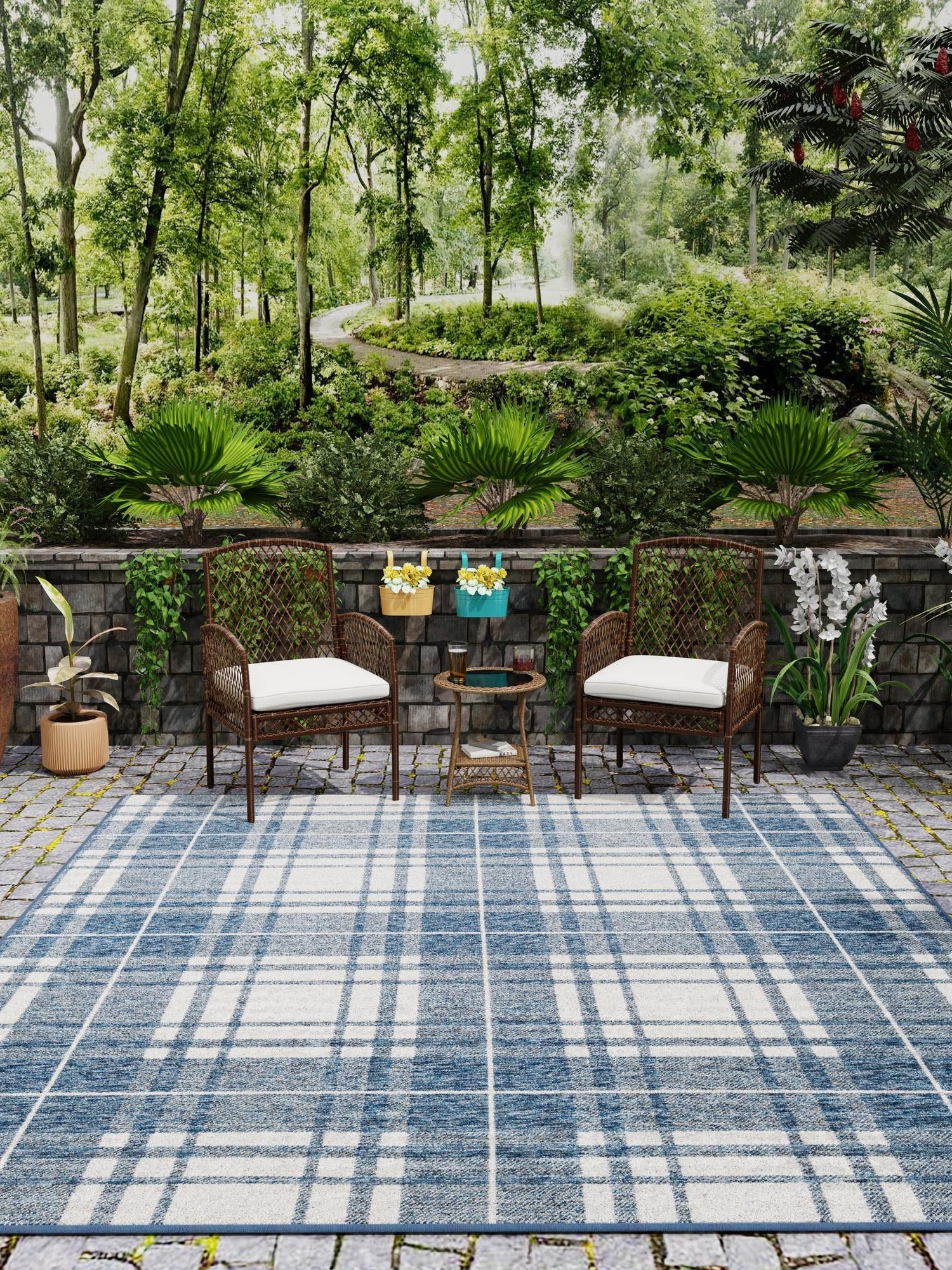 Blue 10' x 10' Outdoor Checkered Square Area Rug Weather Resistant for Patio, Deck, Terrace, Balcony, Porch 100% Polypropylene Geometric Carpet for Sale at Rug Engine